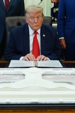 President Donald Trump speaks in the Oval Office about Dulles International Airport renovation on July 29, 2026.