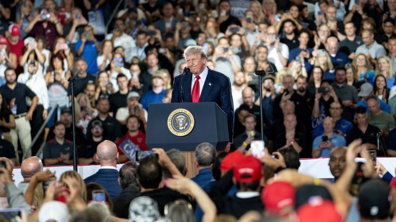 US President Donald Trump speaks at the General Motors Proving Ground testing facility in Milford, Michigan, US, on Monday, July 27, 2026.